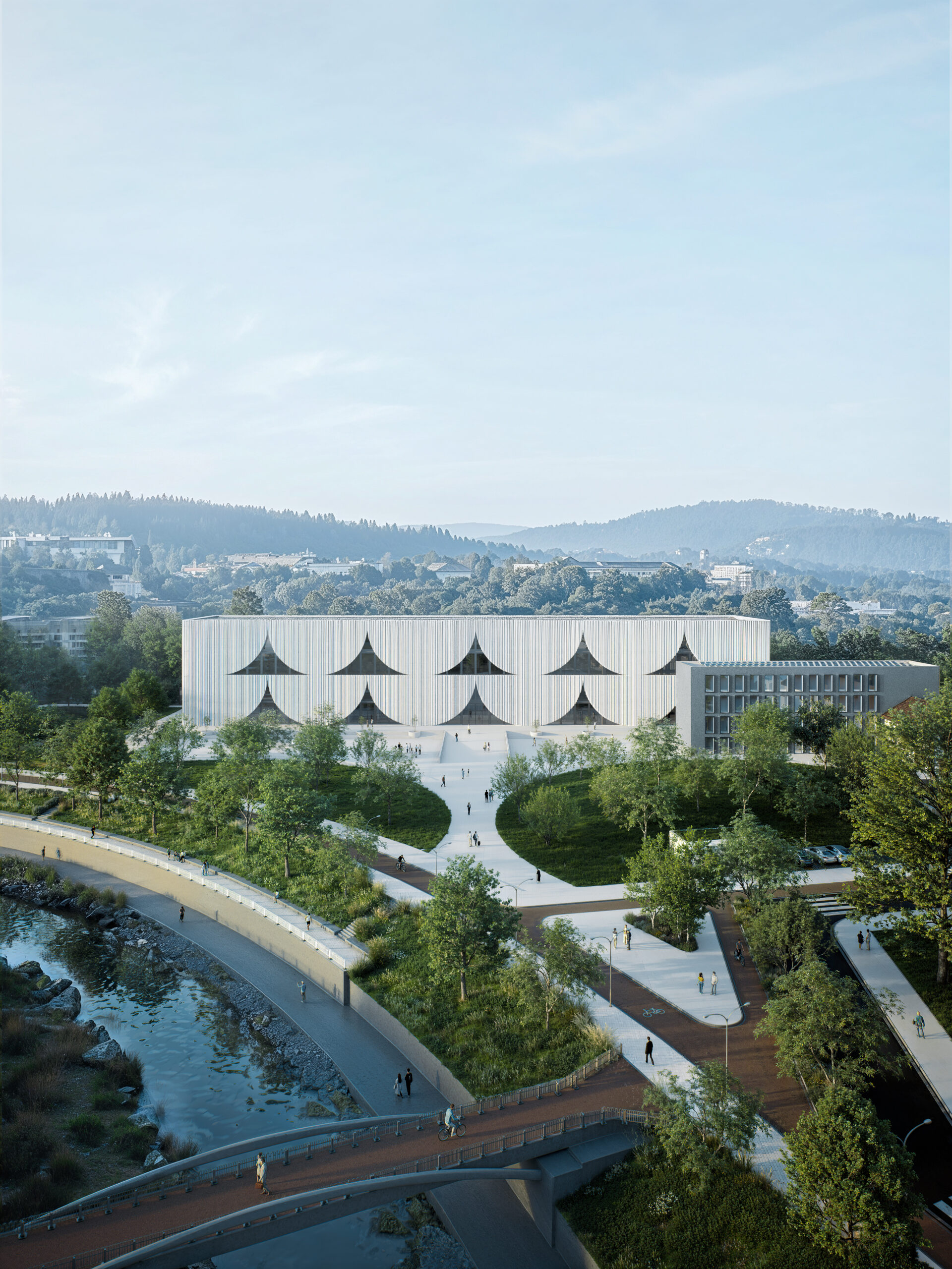 Christo and Jeanne Claude Center in Gabrovo - masterplan showing the Yantra river park and the landscape of the center by Simple Architecture