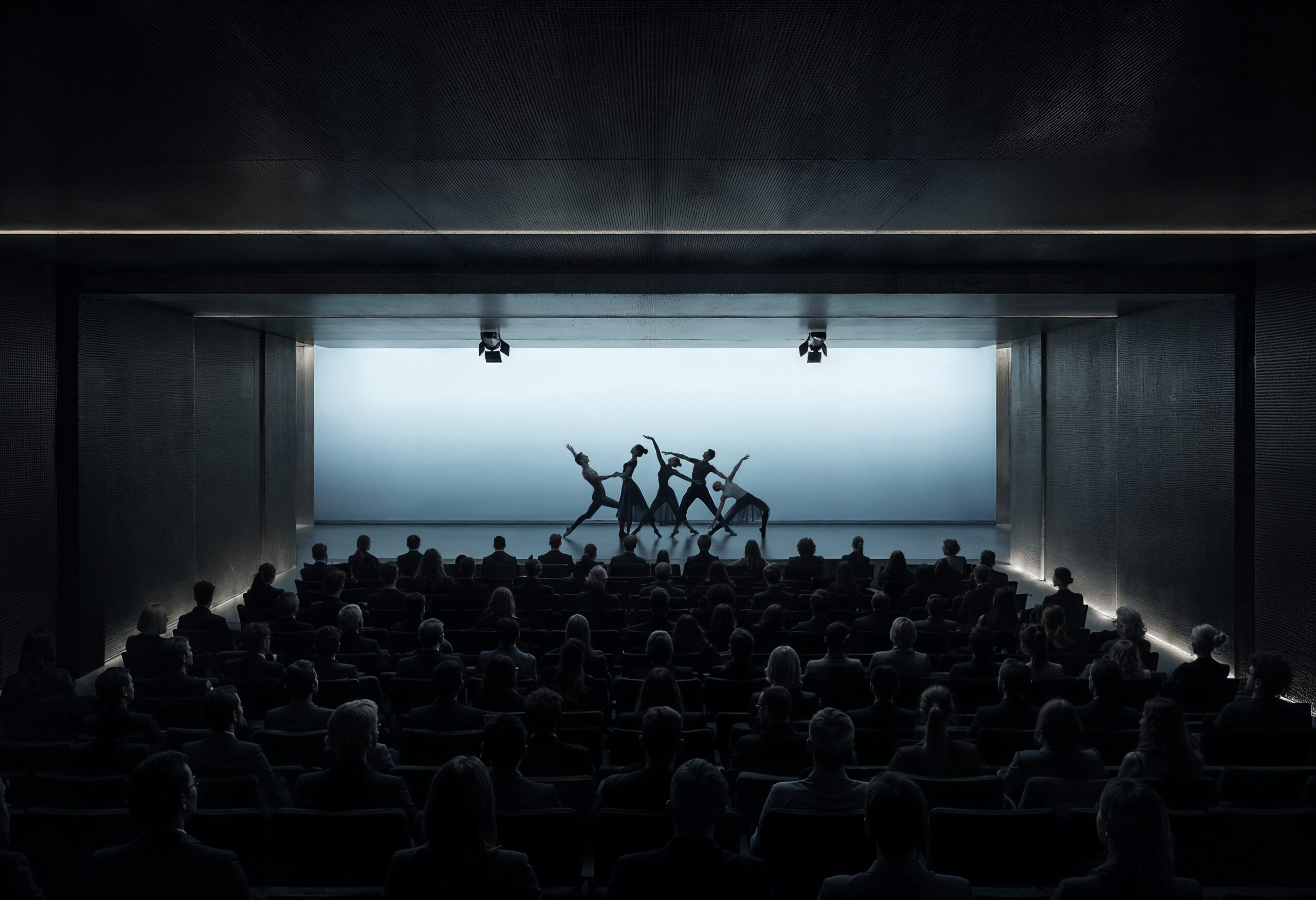 Christo and Jeanne Claude center with black-box auditorium