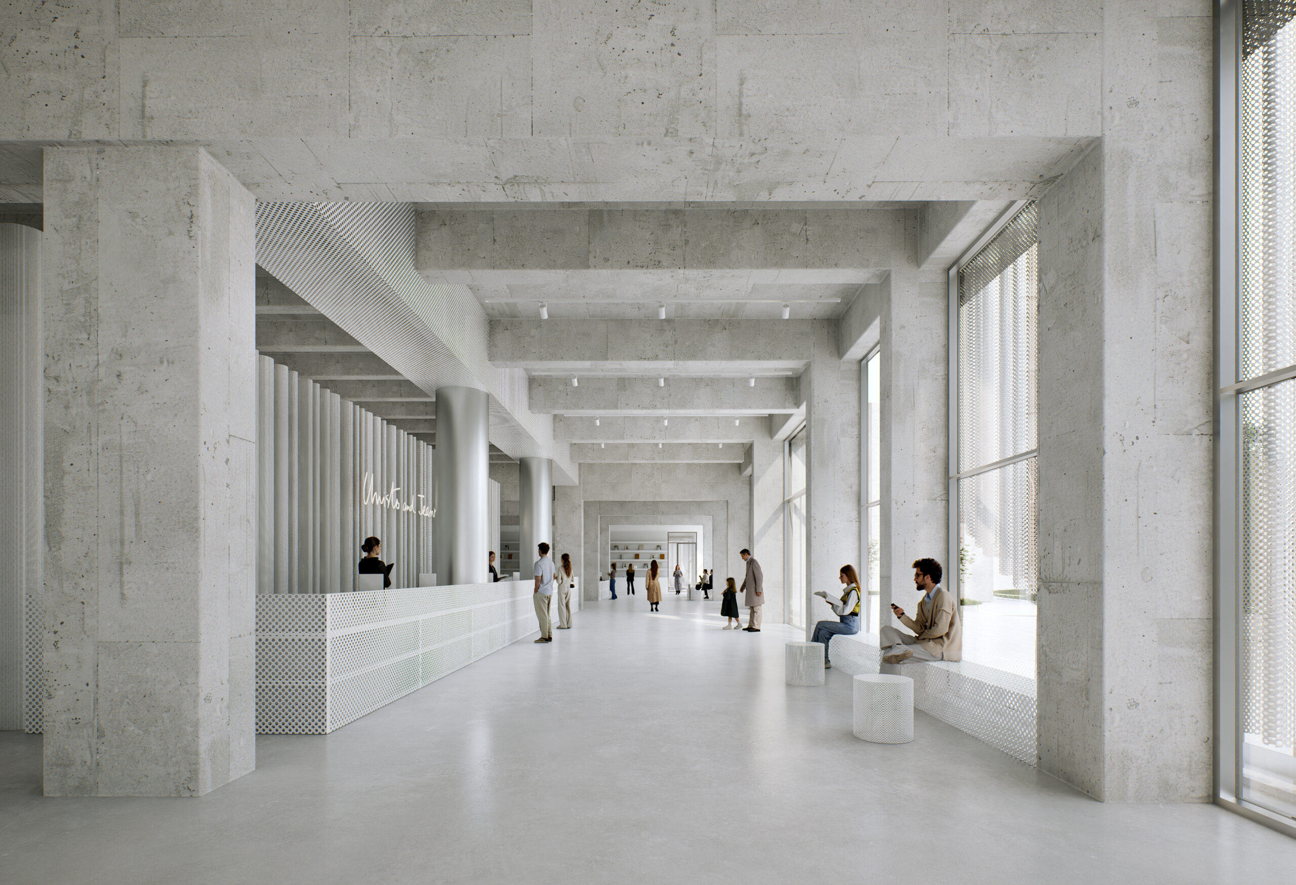 Entrance of the Christo and Jeanne-Claude Center in Gabrovo, made of exposed concrete and metal mesh